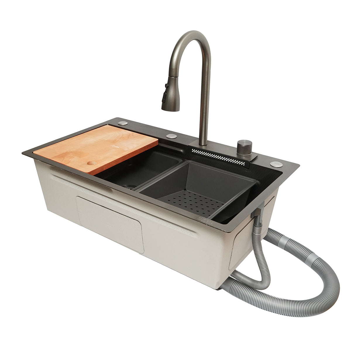 Lavello da cucina multifunzionale in acciaio inox con funzione cascata, scolapiatti, vassoio, tritatutto e accessori inclusi, dimensioni 75x46x22 cm - immagine 5