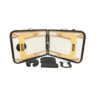Lettino da massaggio pieghevole portatile a 2 zone, struttura in legno, imbottitura in schiuma da 5 cm, altezza 55-76 cm, ecopelle nera 60x213 cm THOR - immagine 6