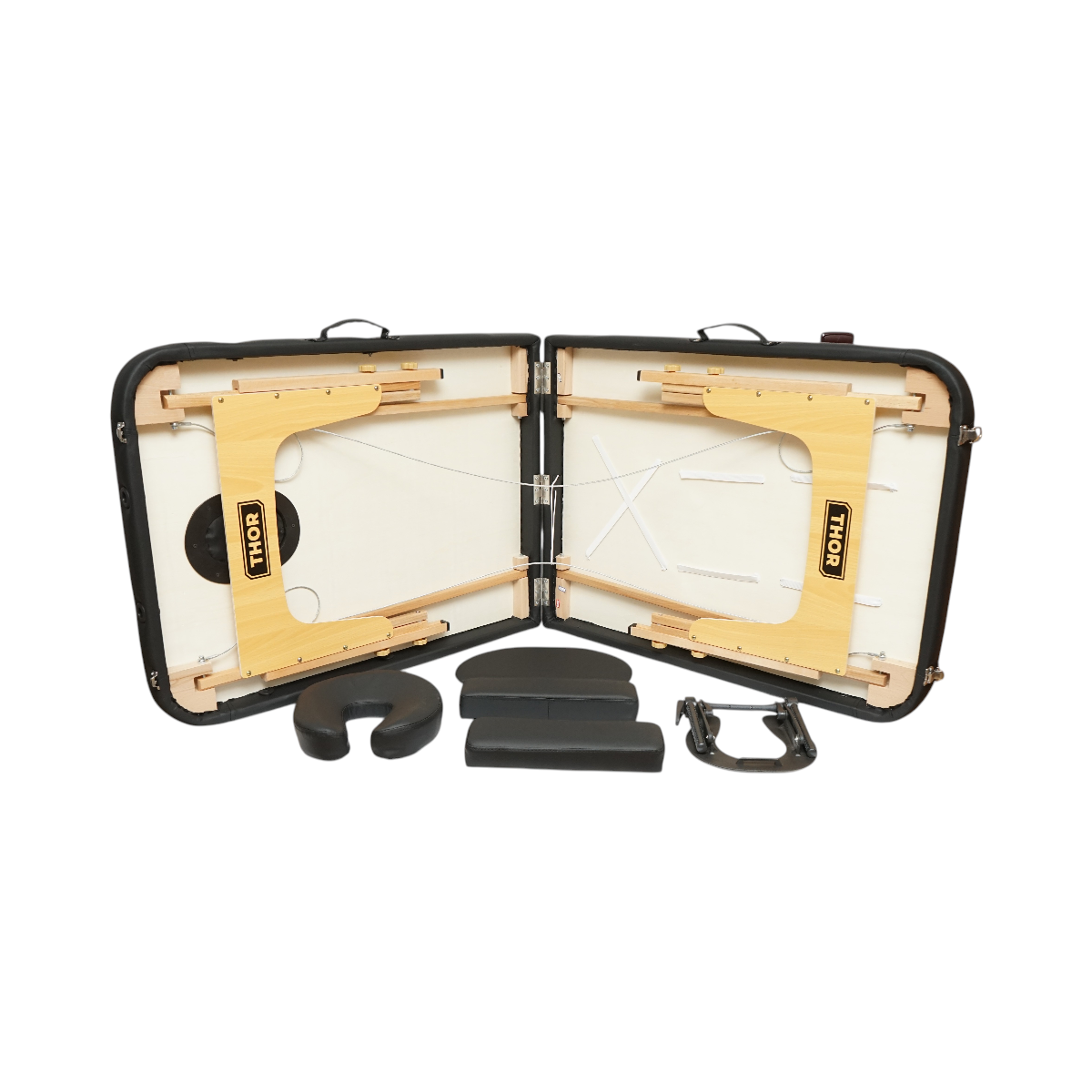 Lettino da massaggio pieghevole portatile a 2 zone, struttura in legno, imbottitura in schiuma da 5 cm, altezza 55-76 cm, ecopelle nera 60x213 cm THOR - immagine 6