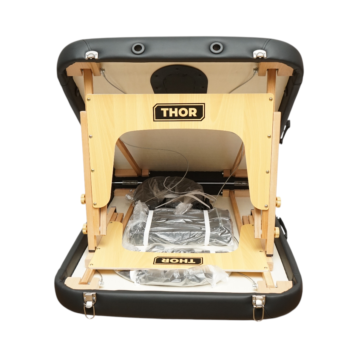 Lettino da massaggio pieghevole portatile a 2 zone, struttura in legno, imbottitura in schiuma da 5 cm, altezza 55-76 cm, ecopelle nera 60x213 cm THOR - immagine 5