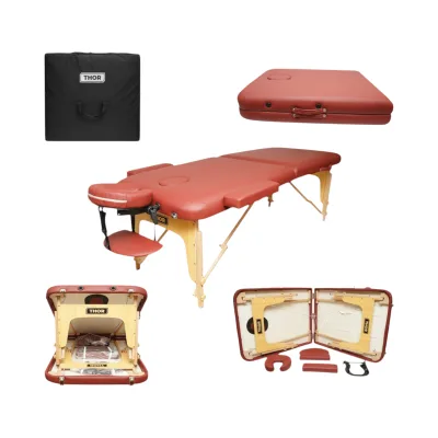 Lettino da massaggio pieghevole portatile a 2 zone, struttura in legno, imbottitura in schiuma da 5 cm, altezza 55-76 cm, ecopelle rosso bordeaux 60x213 cm THOR