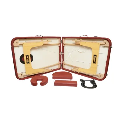 Lettino da massaggio pieghevole portatile a 2 zone, struttura in legno, imbottitura in schiuma da 5 cm, altezza 55-76 cm, ecopelle rosso bordeaux 60x213 cm THOR - immagine 6