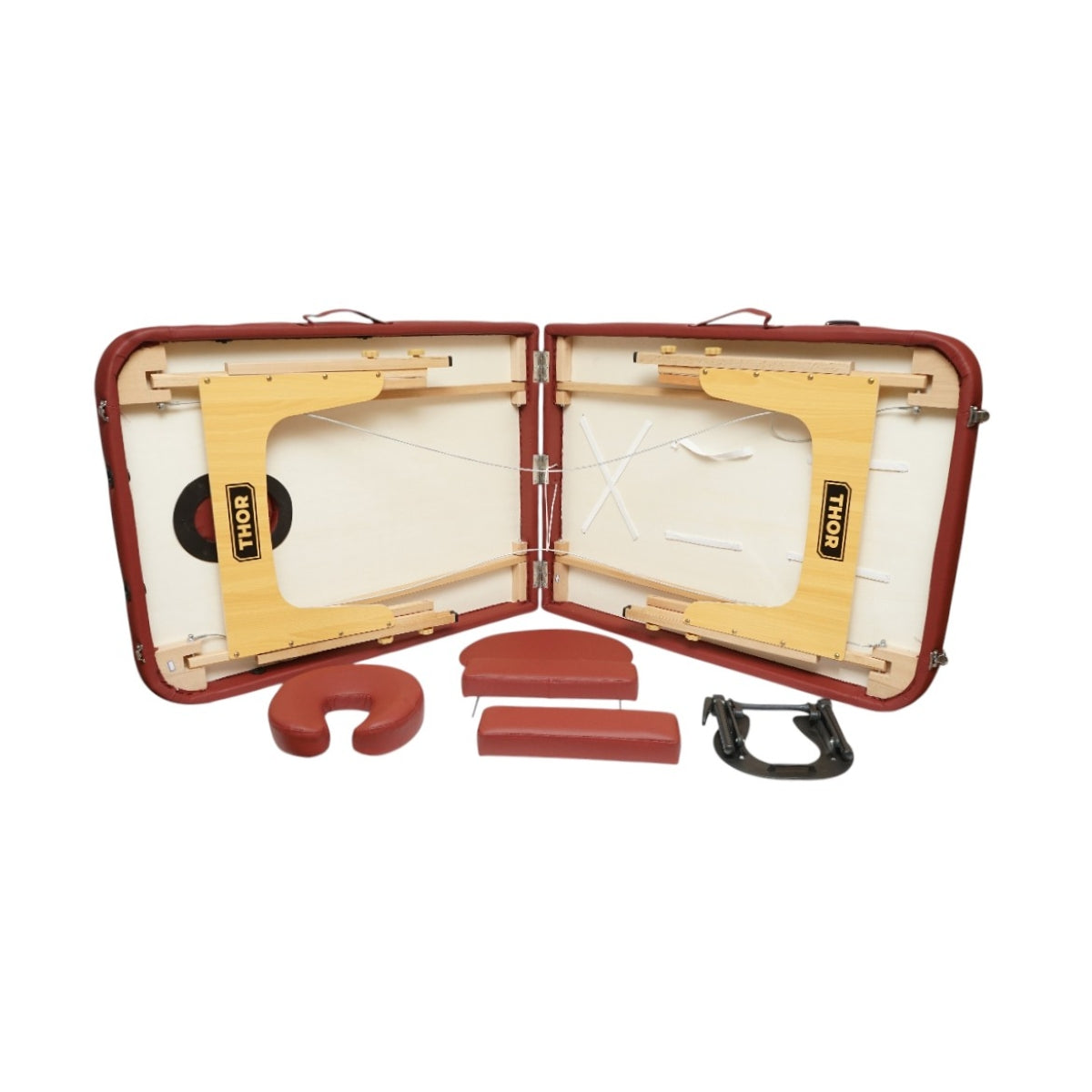 Lettino da massaggio pieghevole portatile a 2 zone, struttura in legno, imbottitura in schiuma da 5 cm, altezza 55-76 cm, ecopelle rosso bordeaux 60x213 cm THOR - immagine 6