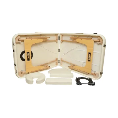 Lettino da massaggio pieghevole portatile a 2 zone, struttura in legno, imbottitura in schiuma da 5 cm, altezza 55-76 cm, rivestimento in ecopelle color crema 60x213 cm THOR - immagine 6