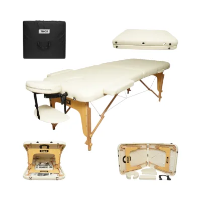 Lettino da massaggio pieghevole portatile a 2 zone, struttura in legno, imbottitura in schiuma da 5 cm, altezza 55-76 cm, rivestimento in ecopelle color crema 60x213 cm THOR