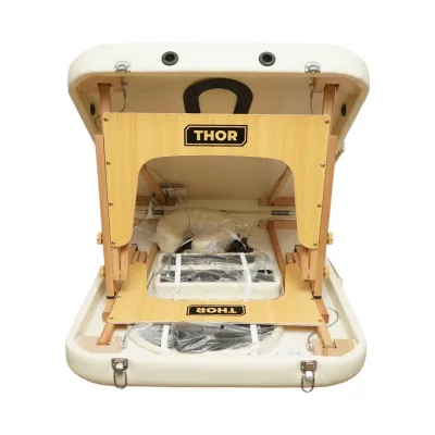 Lettino da massaggio pieghevole portatile a 2 zone, struttura in legno, imbottitura in schiuma da 5 cm, altezza 55-76 cm, rivestimento in ecopelle color crema 60x213 cm THOR - immagine 5