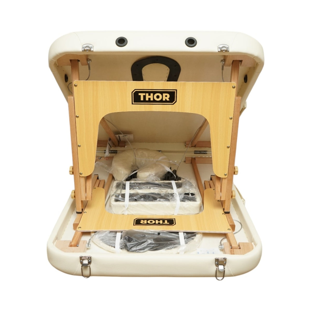 Lettino da massaggio pieghevole portatile a 2 zone, struttura in legno, imbottitura in schiuma da 5 cm, altezza 55-76 cm, rivestimento in ecopelle color crema 60x213 cm THOR - immagine 5