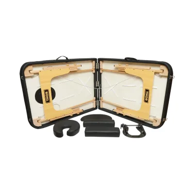 Lettino da massaggio pieghevole portatile a 2 zone, struttura in legno, imbottitura in schiuma da 6 cm, altezza 55-76 cm, ecopelle nera 60x213 cm THOR - immagine 6