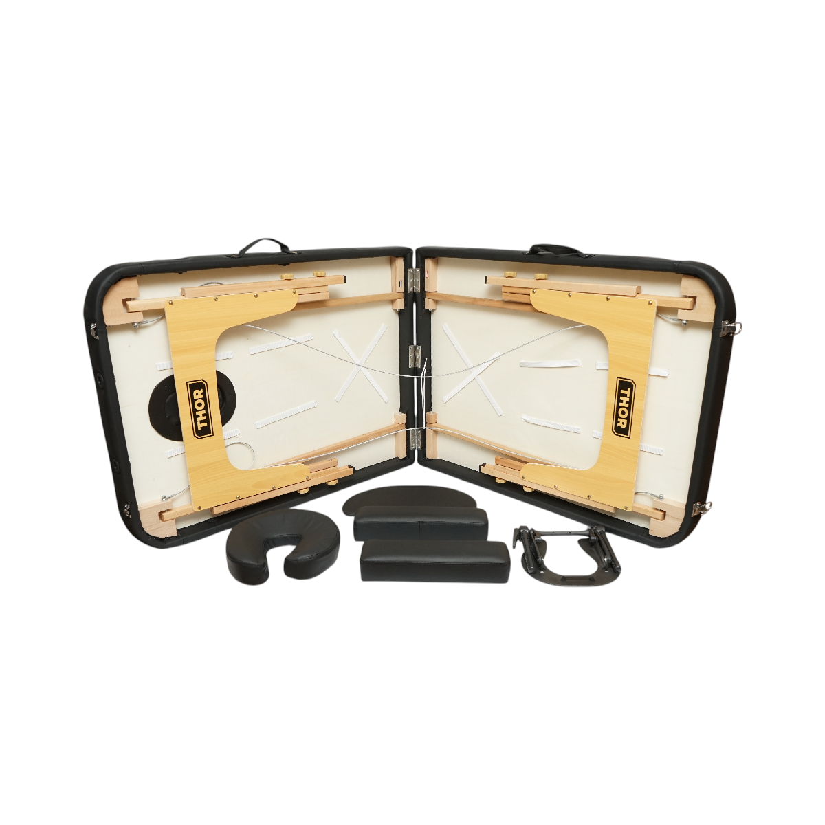 Lettino da massaggio pieghevole portatile a 2 zone, struttura in legno, imbottitura in schiuma da 6 cm, altezza 55-76 cm, ecopelle nera 60x213 cm THOR - immagine 6