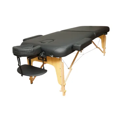 Lettino da massaggio pieghevole portatile a 2 zone, struttura in legno, imbottitura in schiuma da 6 cm, altezza 55-76 cm, ecopelle nera 60x213 cm THOR - immagine 2