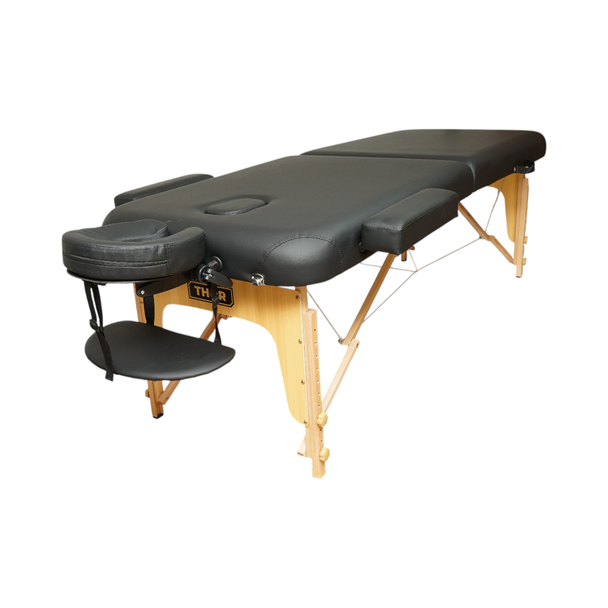 Lettino da massaggio pieghevole portatile a 2 zone, struttura in legno, imbottitura in schiuma da 6 cm, altezza 55-76 cm, ecopelle nera 60x213 cm THOR - immagine 2