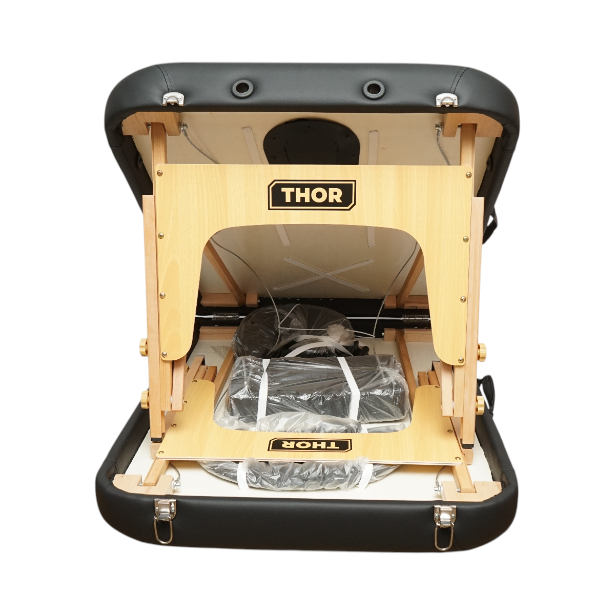 Lettino da massaggio pieghevole portatile a 2 zone, struttura in legno, imbottitura in schiuma da 6 cm, altezza 55-76 cm, ecopelle nera 60x213 cm THOR - immagine 5