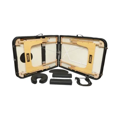 Lettino da massaggio pieghevole portatile a 3 zone, struttura in legno, imbottitura in schiuma da 5 cm, altezza 55-76 cm, ecopelle nera 60x213 cm THOR - immagine 6
