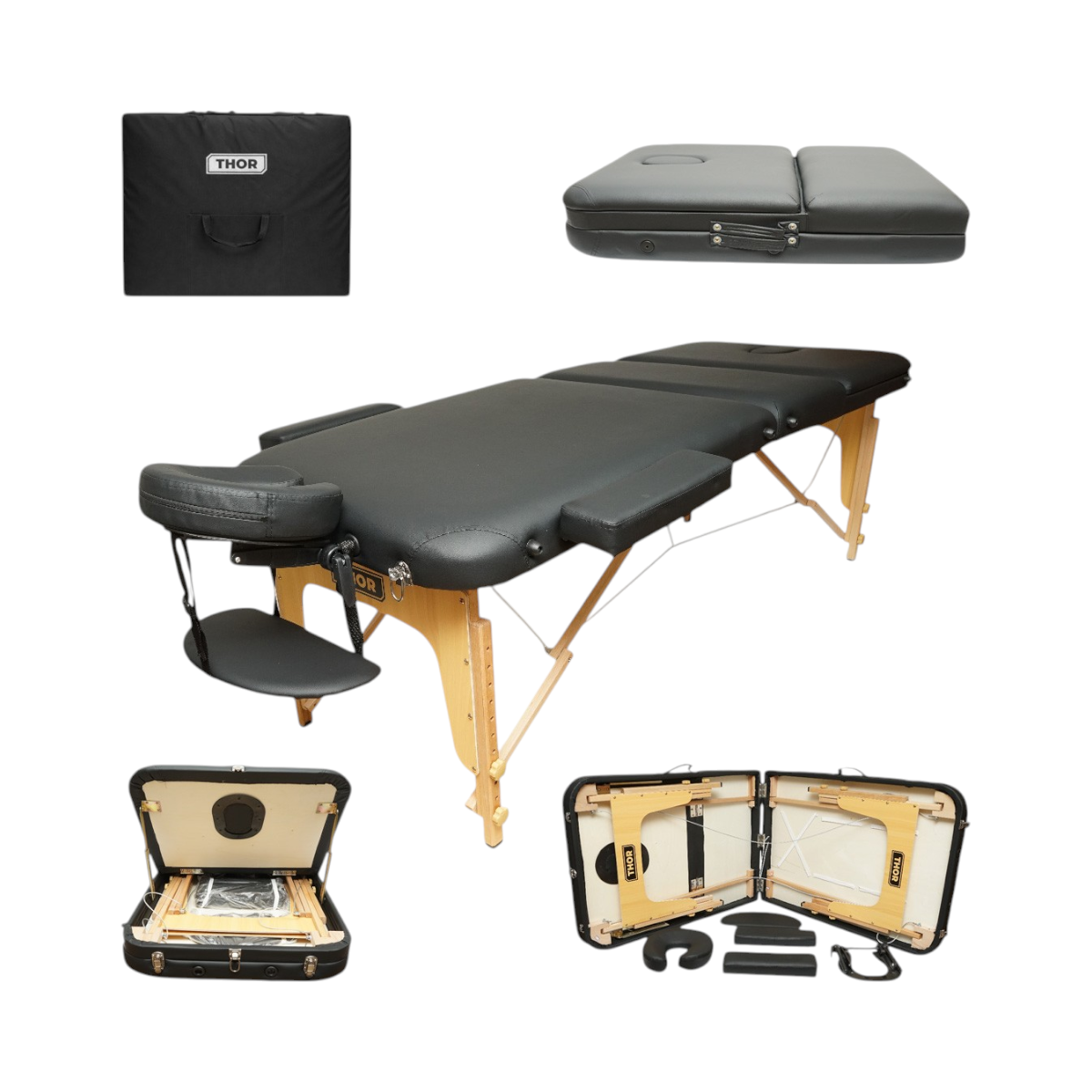 Lettino da massaggio pieghevole portatile a 3 zone, struttura in legno, imbottitura in schiuma da 5 cm, altezza 55-76 cm, ecopelle nera 60x213 cm THOR