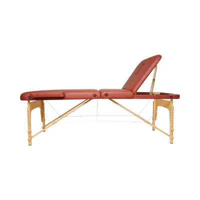 Lettino da massaggio pieghevole portatile a 3 zone, struttura in legno, imbottitura in schiuma da 5 cm, altezza 55-76 cm, ecopelle rosso bordeaux 60x213 cm THOR - immagine 3