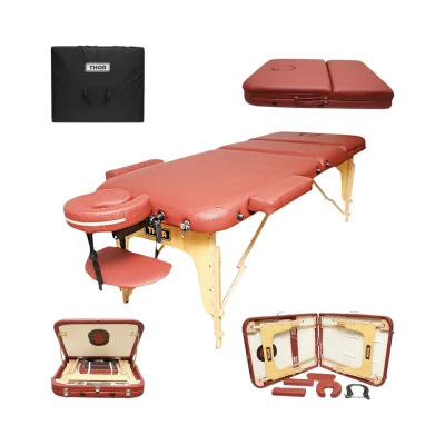 Lettino da massaggio pieghevole portatile a 3 zone, struttura in legno, imbottitura in schiuma da 5 cm, altezza 55-76 cm, ecopelle rosso bordeaux 60x213 cm THOR