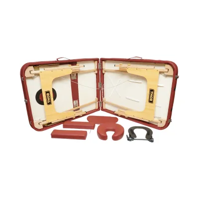 Lettino da massaggio pieghevole portatile a 3 zone, struttura in legno, imbottitura in schiuma da 5 cm, altezza 55-76 cm, ecopelle rosso bordeaux 60x213 cm THOR - immagine 6