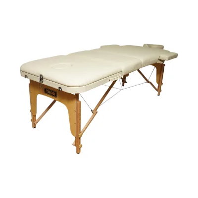Lettino da massaggio pieghevole portatile a 3 zone, struttura in legno, imbottitura in schiuma da 5 cm, altezza 55-76 cm, rivestimento in ecopelle color crema 60x213 cm THOR - immagine 4