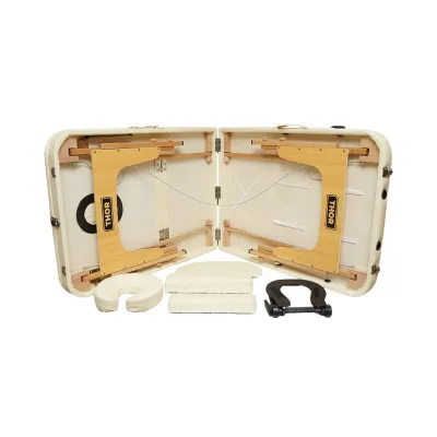 Lettino da massaggio pieghevole portatile a 3 zone, struttura in legno, imbottitura in schiuma da 5 cm, altezza 55-76 cm, rivestimento in ecopelle color crema 60x213 cm THOR - immagine 6