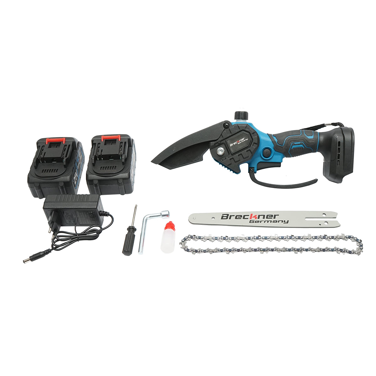 Mini Motosega a Batteria Mini sega elettrica 700W con 2 batterie agli ioni di litio 21V/4Ah, lama 200mm (8 pollici) Breckner Germany - immagine 2