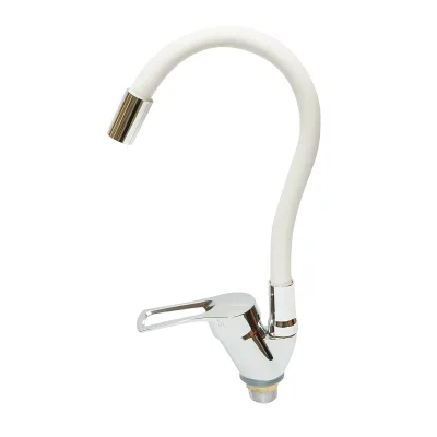 Miscelatore per lavello da cucina con bocca flessibile, finitura cromata e bianca, supporto monocomando, materiale in lega di zinco, accessori inclusi - immagine 2