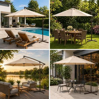 Ombrellone da giardino tondo panna 3mt, braccio laterale regolabile con manovella, struttura in metallo Breckner Germany - immagine 3
