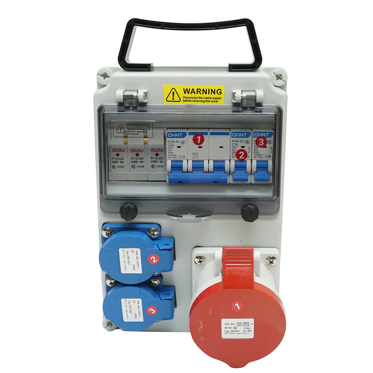 Pannello gruppo prese per organizzazione cantiere 1x415V/32A, 2x230V/16A, 260x170x140mm IP44/IP66 SUNTREE
