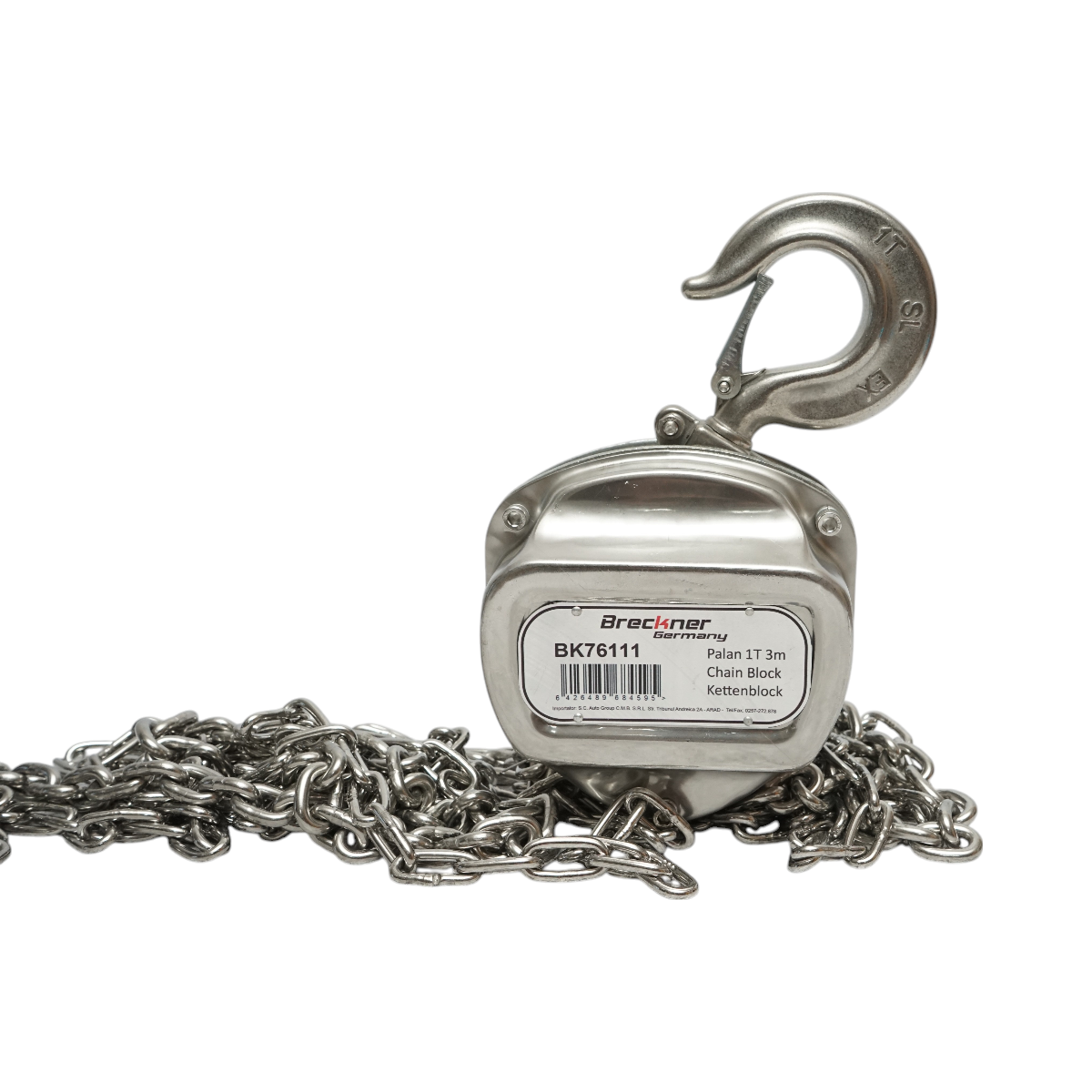 Paranco manuale in acciaio inox con catena da 3 m, portata massima 1000 kg, gancio di sicurezza. Breckner Germany - immagine 4