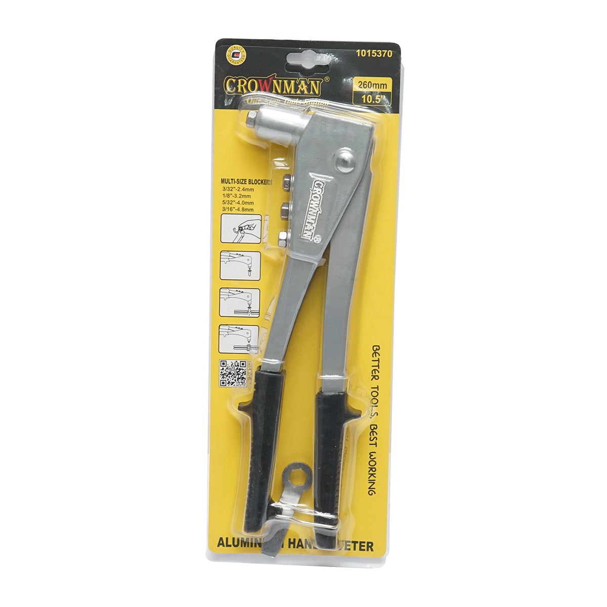 Pinza per rivetti in alluminio, lunghezza 260 mm, con 4 teste intercambiabili (2.4, 3.2, 4.0, 4.8 mm), professionale, Crownman - immagine 5