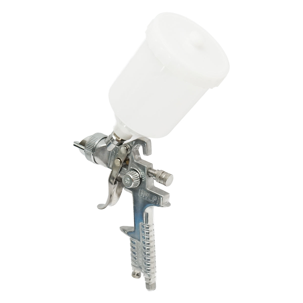 Pistola ad aria compressa da 0,6 litri, con serbatoio in plastica sulla parte superiore e ugello da 1,4 mm.