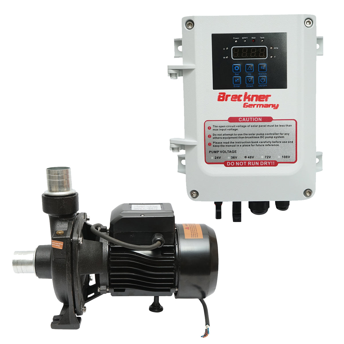 Pompa per il reflusso dell'acqua di superficie 550W, 48V, portata 17 m3/h con controller MPPT e sensore di livello dell'acqua per pannello solare fotovoltaico Breckner Germany