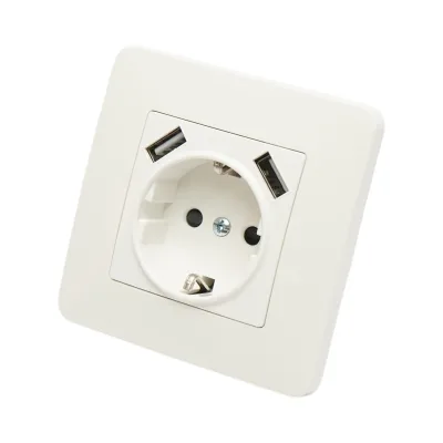 Presa schuko da incasso bianca 220V, 16A, 2xUSB 5V 2.1A, PC 80x80mm