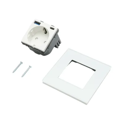 Presa Schuko da incasso bianca 220V, 16A, 2xUSB A+C 20W ricarica rapida, cornice in vetro 86x86x34mm - immagine 5