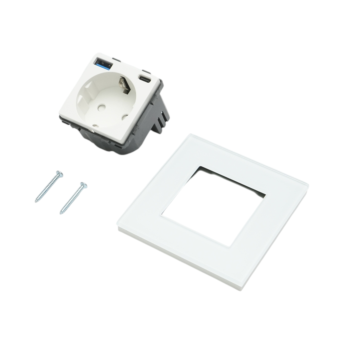 Presa Schuko da incasso bianca 220V, 16A, 2xUSB A+C 20W ricarica rapida, cornice in vetro 86x86x34mm - immagine 5