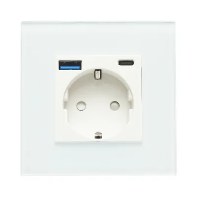 Presa Schuko da incasso bianca 220V, 16A, 2xUSB A+C 20W ricarica rapida, cornice in vetro 86x86x34mm - immagine 2