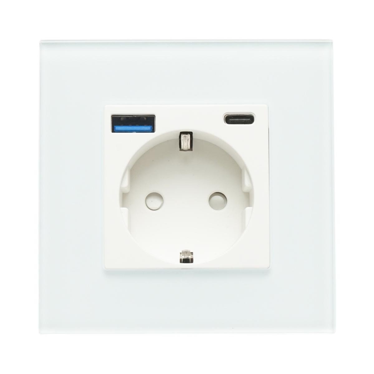 Presa Schuko da incasso bianca 220V, 16A, 2xUSB A+C 20W ricarica rapida, cornice in vetro 86x86x34mm - immagine 2