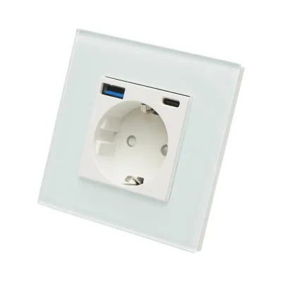 Presa Schuko da incasso bianca 220V, 16A, 2xUSB A+C 20W ricarica rapida, cornice in vetro 86x86x34mm