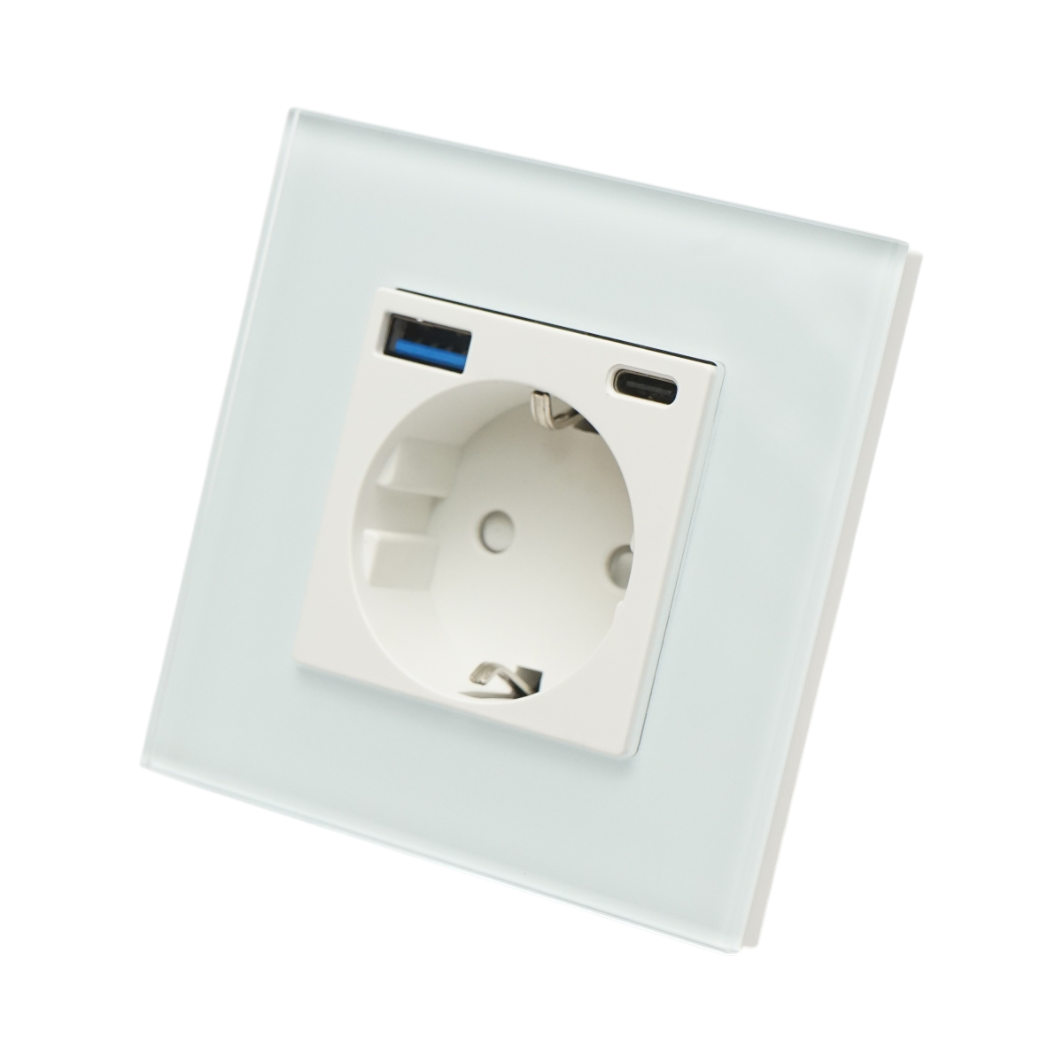 Presa Schuko da incasso bianca 220V, 16A, 2xUSB A+C 20W ricarica rapida, cornice in vetro 86x86x34mm