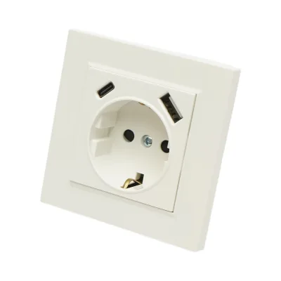 Presa Schuko da incasso bianca 220V, 16A, 2xUSB A+C 5V 2.1A, ABS 80x80mm