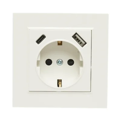Presa Schuko da incasso bianca 220V, 16A, 2xUSB A+C 5V 2.1A, ABS 80x80mm - immagine 2