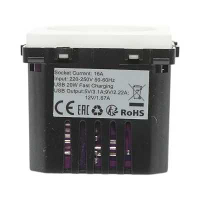Presa Schuko da incasso bianca 220V, 16A, 2xUSB-C 20W ricarica rapida, cornice in vetro 86x86x34mm - immagine 6