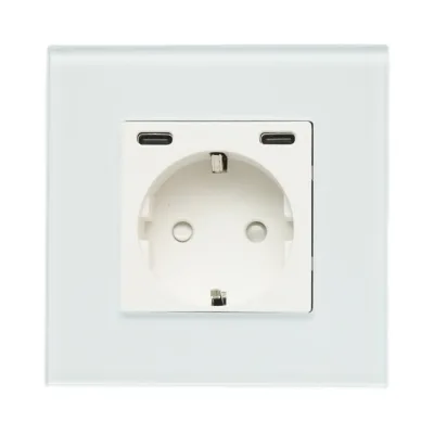 Presa Schuko da incasso bianca 220V, 16A, 2xUSB-C 20W ricarica rapida, cornice in vetro 86x86x34mm - immagine 2