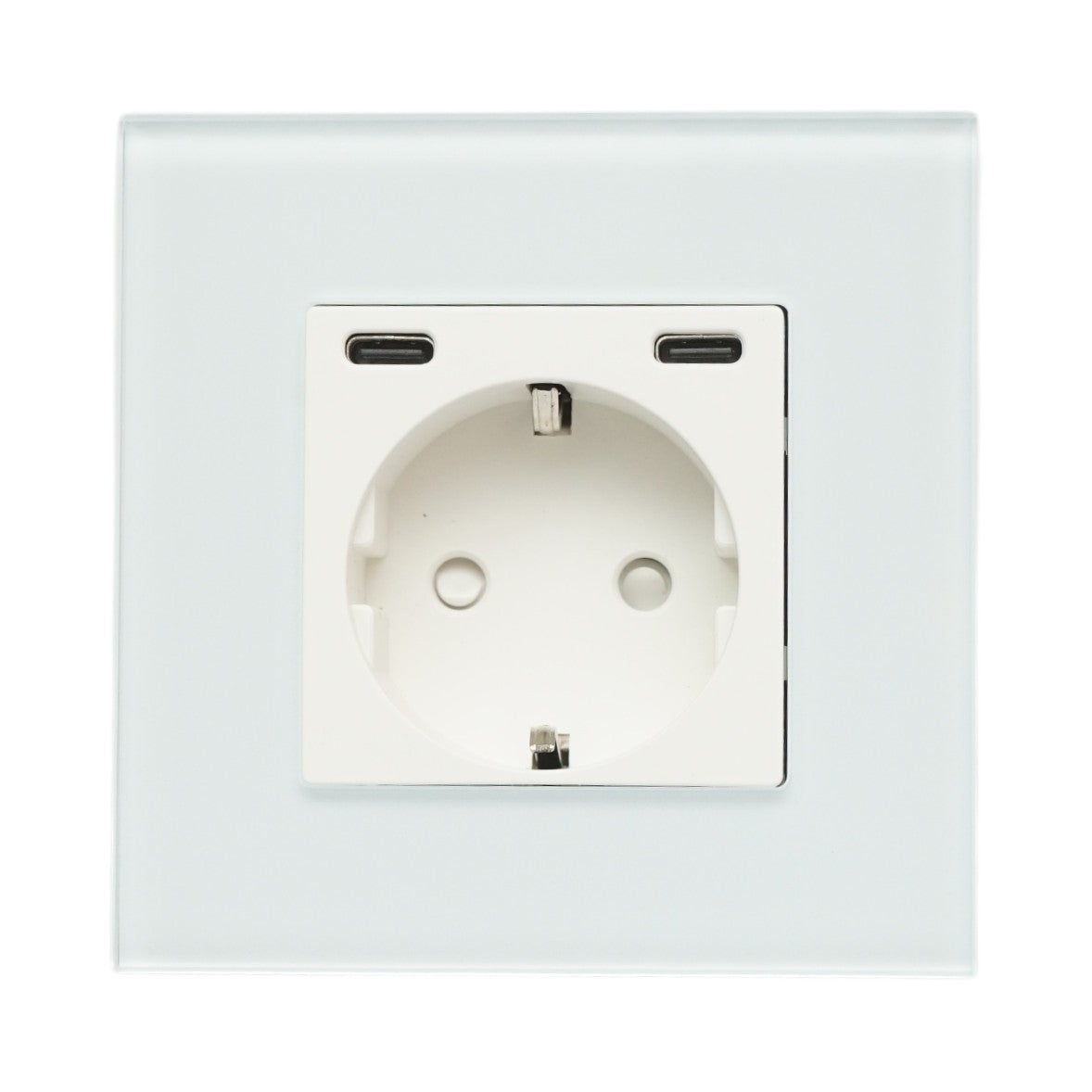 Presa Schuko da incasso bianca 220V, 16A, 2xUSB-C 20W ricarica rapida, cornice in vetro 86x86x34mm - immagine 2