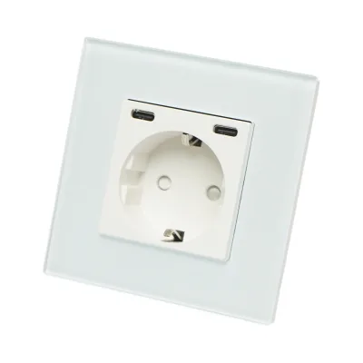Presa Schuko da incasso bianca 220V, 16A, 2xUSB-C 20W ricarica rapida, cornice in vetro 86x86x34mm