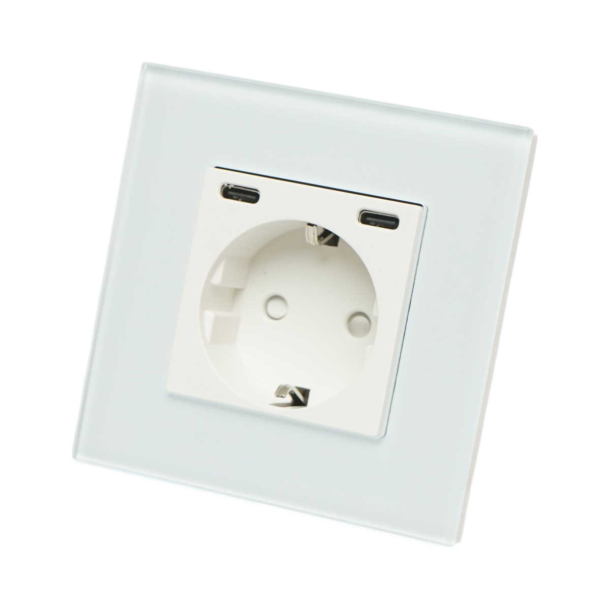 Presa Schuko da incasso bianca 220V, 16A, 2xUSB-C 20W ricarica rapida, cornice in vetro 86x86x34mm