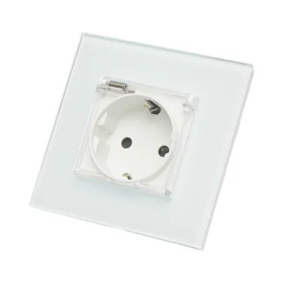 Presa schuko da incasso bianca 220V, 16A, coperchio trasparente, cornice in vetro 86x86x34mm