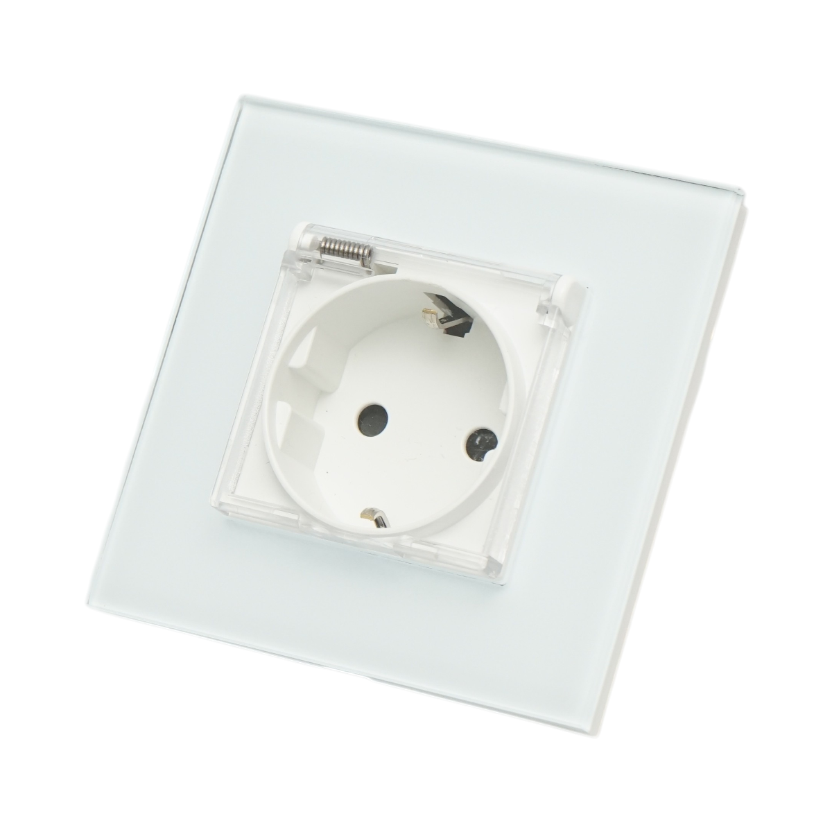 Presa schuko da incasso bianca 220V, 16A, coperchio trasparente, cornice in vetro 86x86x34mm