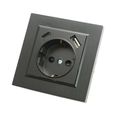 Presa Schuko da incasso nera 220V, 16A, 2xUSB A+C 5V 2.1A, ABS 80x80mm