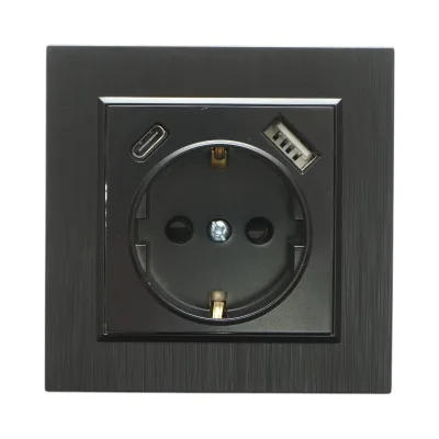 Presa Schuko da incasso nera 220V, 16A, 2xUSB A+C 5V 2.1A, ABS 80x80mm - immagine 2
