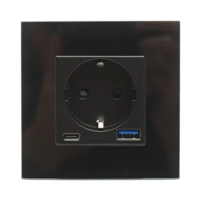 Presa Schuko nera 220V, 16A, 2xUSB A+C 20W ricarica rapida, cornice in vetro 86x86x34mm - immagine 2